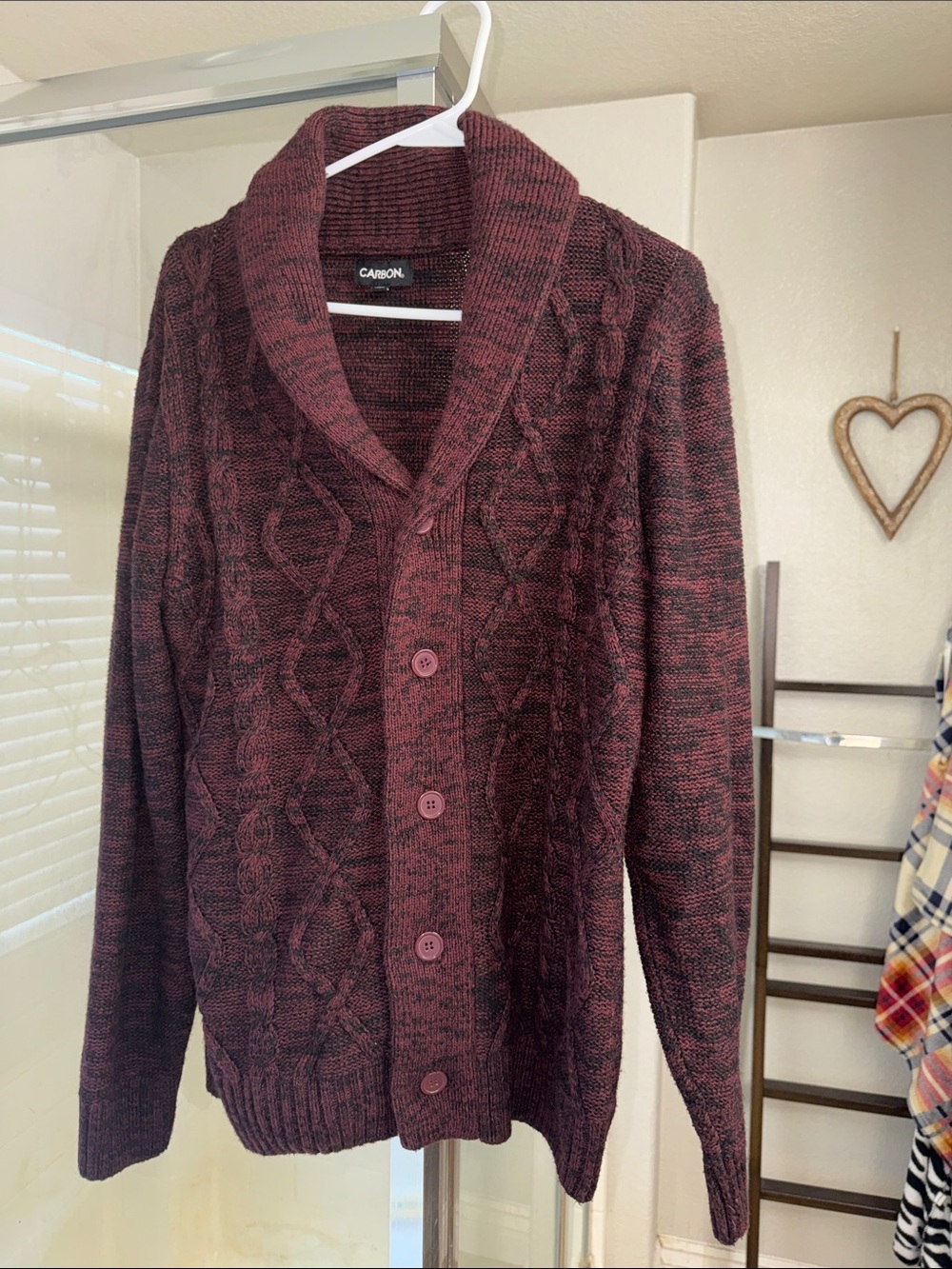 Carbon Cable Knit Shawl Collar Cardigan in Burgundy